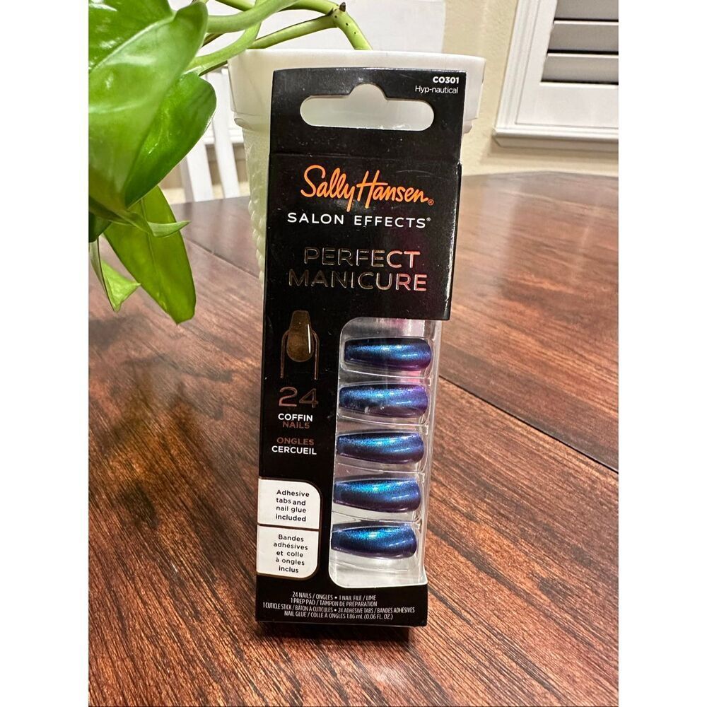 Sally Hansen Salon Manicure 24 Coffin Long Press on Nails W/ Glue Blue Hyp-nauti